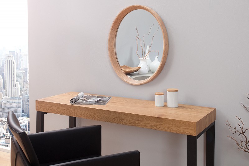 Miroir mural moderne avec cadre oval en bois massif coloris chêne