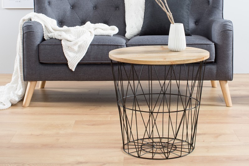 Lot de 2 tables d'appoint design cage de 52cm coloris noir avec plateau amovible naturel