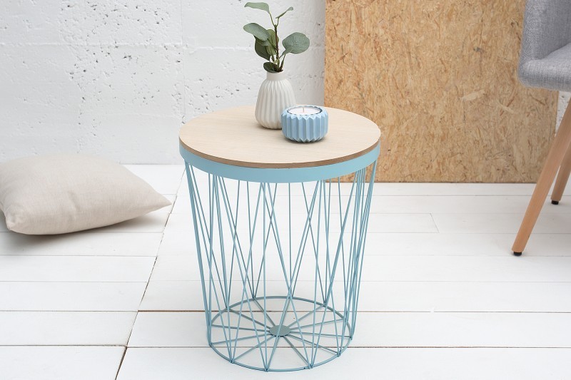 tables d'appoint design cage coloris bleu avec plateau amovible chêne