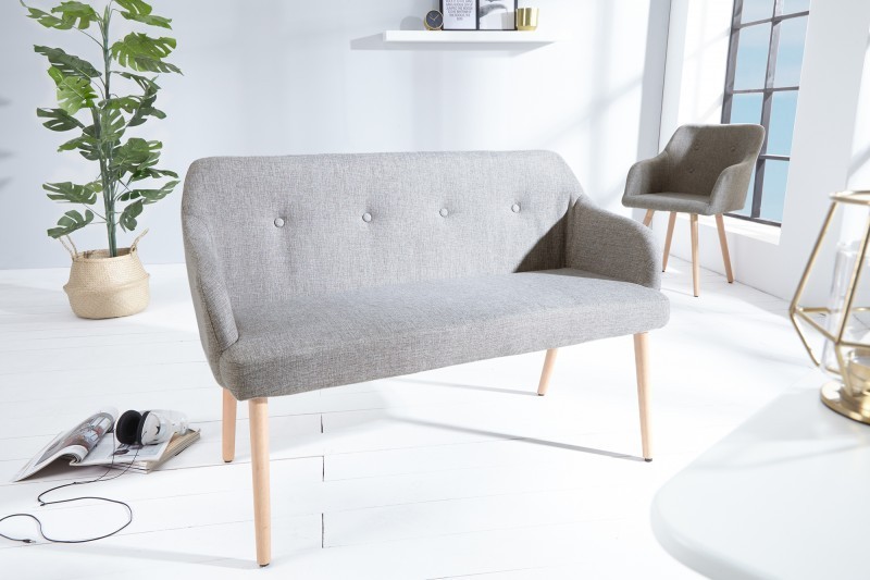 Banc design scandinave coloris gris claire en tissu avec pieds en bois massif