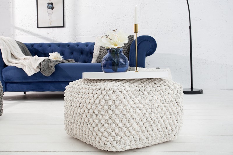 Pouf design tricoté de 55cm coloris blanc en coton