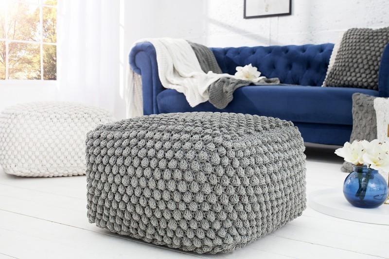 Pouf design tricoté de 55cm coloris gris en coton