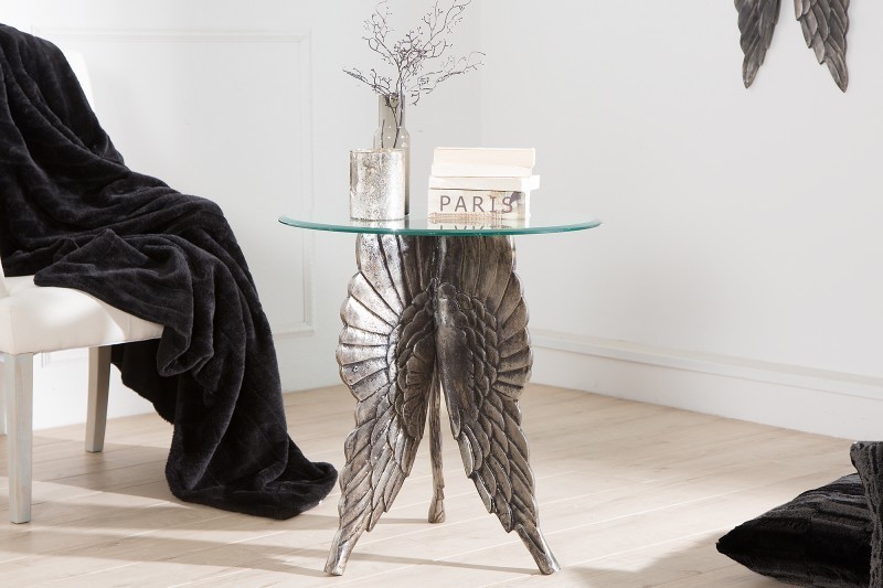 Table d'appoint design Ange avec plateau rond en verre trempé