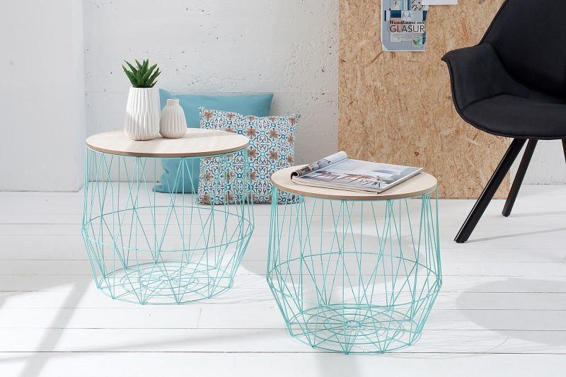 Lot de 2 tables d'appoint design cage coloris verre menthe avec plateau amovible