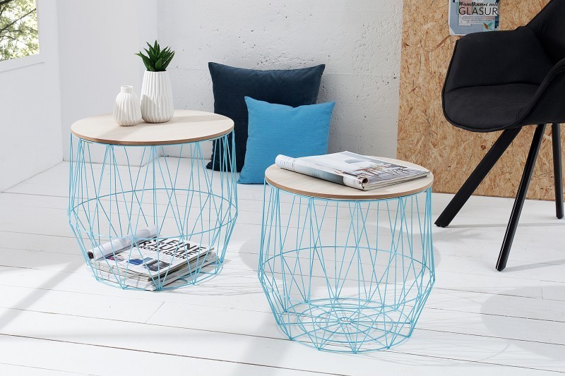 Lot de 2 tables d'appoint design cage coloris bleu ciel avec plateau rond coloris chêne