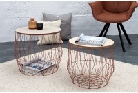 Lot de 2 tables d'appoint design cage coloris cuivre avec plateau rond coloris chêne