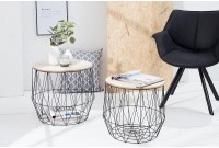 Lot de 2 tables d'appoint design cage coloris noir avec plateau rond coloris chêne