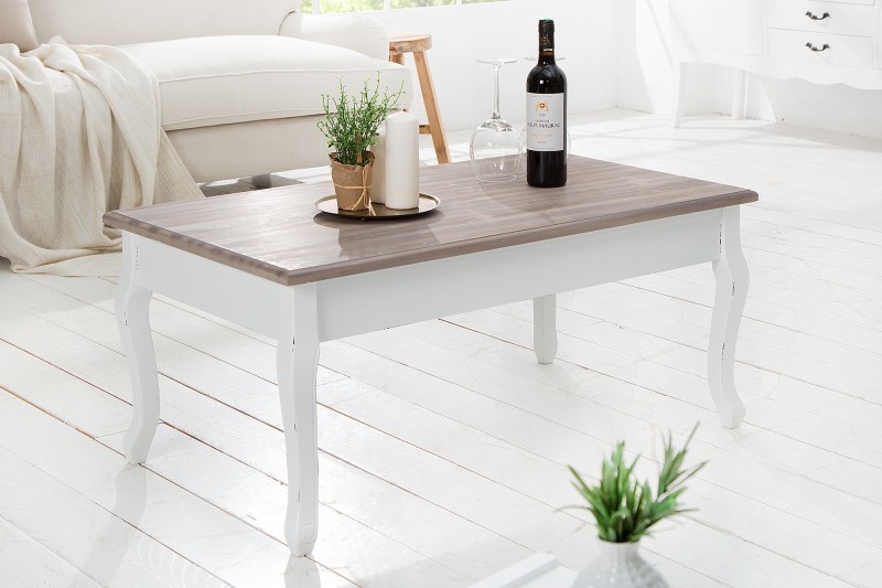 Table basse design campagnard coloris blanc et naturel