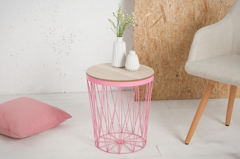 Table d'appoint design cage de couleur rose et chêne