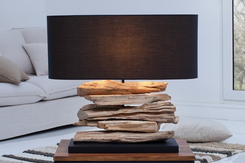 Lampe à poser design naturel en bois flotté avec abat jour en toile noir