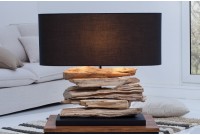 Lampe à poser design naturel en bois flotté avec abat jour en toile noir