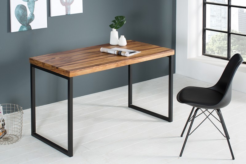 Table de bureau contemporaine de couleur naturelle et noire en bois massif et métal