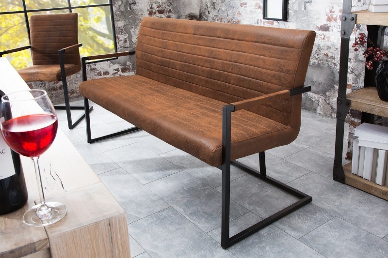 Banc design rembourré coloris brun vintage en mircofibre avec piétement en métal