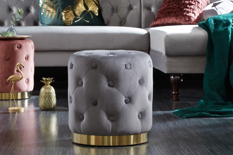 tabouret design baroque capitonné coloris gris foncé et doré