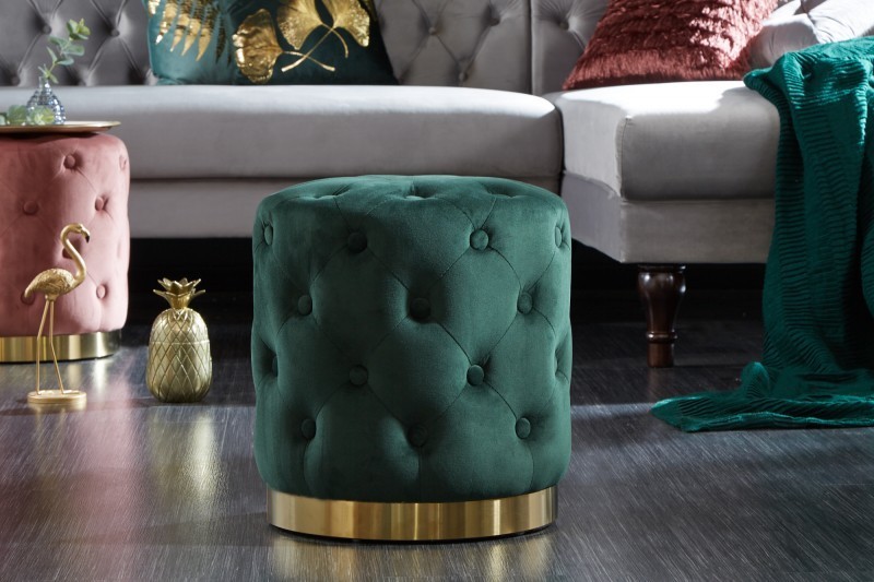 tabouret design baroque capitonné coloris vert foncé et doré