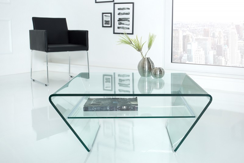 Table basse contemporaine en verre 70cm  avec étagère transparente