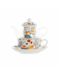 Théière DKD Home Decor Verre Porcelaine Bleu Orange Blanc Fleurs (250 