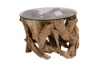 Table Basse en Bois Flotté avec Plateau Rond en Verre